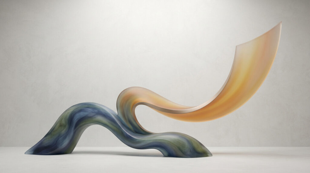 Sculpture moderne aux courbes fluides. La base est bleu-vert, l'arc supérieur est jaune-orange, évoquant un fleuve et un sourire.