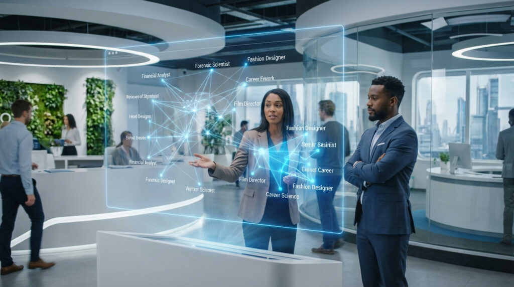 Une femme présente un réseau holographique de carrières à un homme dans un bureau moderne et lumineux. De nombreux métiers connectés sont visibles.
