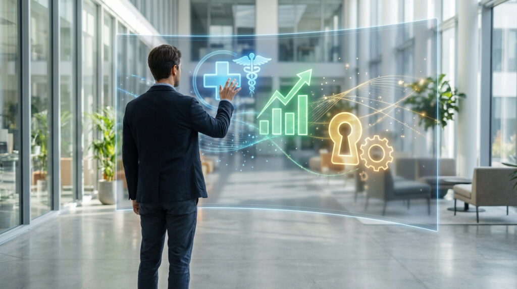 Homme en costume touchant un écran holographique avec des icônes de santé, croissance et opportunité dans un bureau moderne.