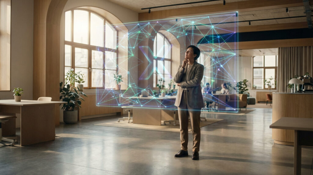 Femme réfléchissant devant un écran holographique avec réseau de données et symbole 'X' dans un bureau moderne.