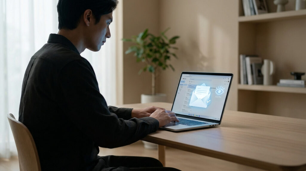 Homme concentré sur un ordinateur portable, l'écran montre une icône d'e-mail lu et un œil, symbolisant le suivi de lecture.
