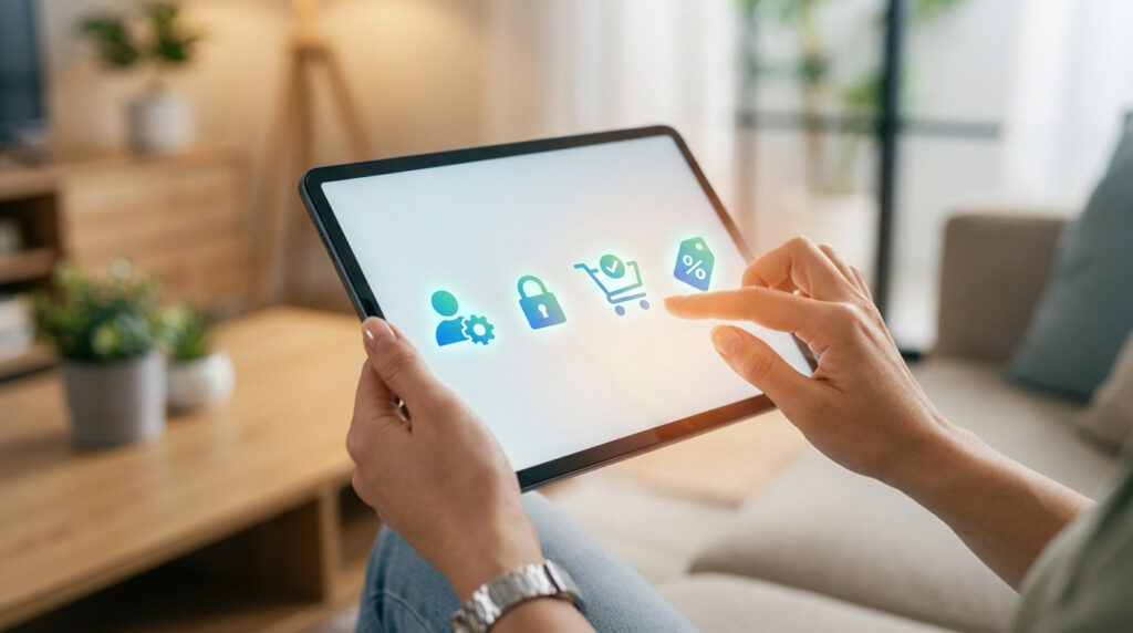 Main tenant une tablette affichant des icônes de compte, cadenas, panier validé et étiquette de réduction, dans un salon moderne.