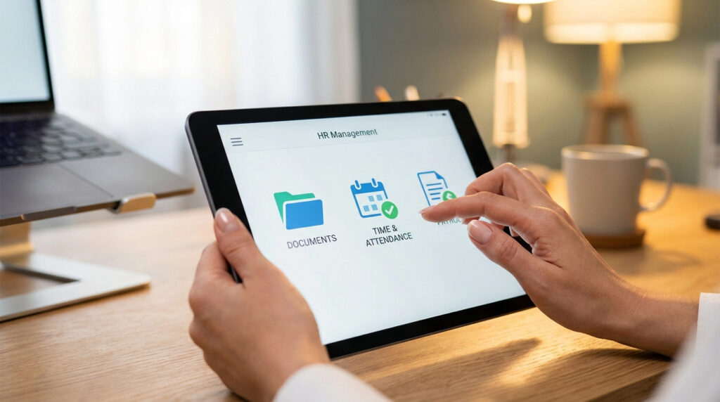 Mains utilisant une tablette affichant une application de gestion RH avec les icônes Documents, Temps & Présence, et Paie.
