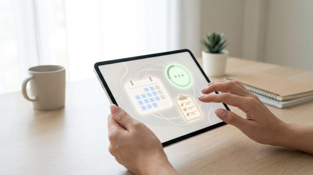 Mains tenant une tablette affichant calendrier, liste de tâches et chat. Optimisation du suivi scolaire avec Educartable.