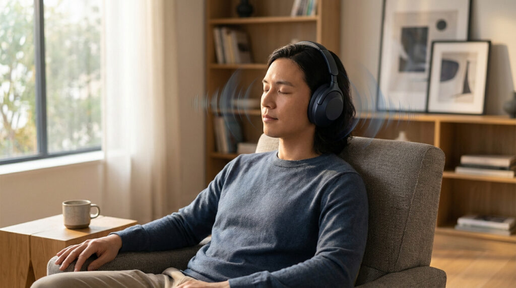 Un homme aux cheveux longs, yeux clos, écoute un casque audio dans un salon. Des ondes sonores stylisées l'entourent, évoquant l'immersion.
