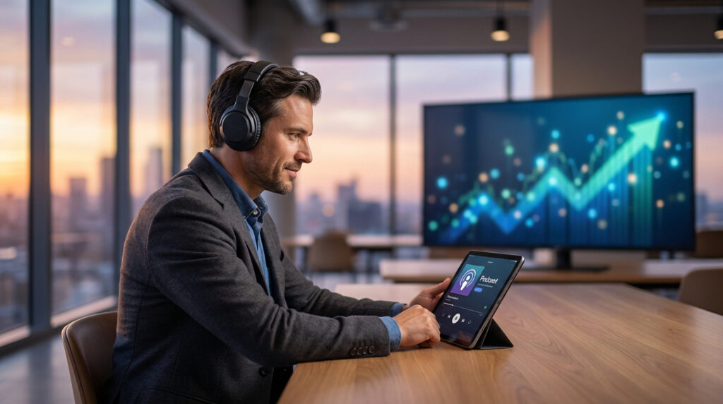 Un homme en costume écoute un podcast sur une tablette, un graphique de croissance est affiché sur un grand écran derrière lui, illustrant le succès.
