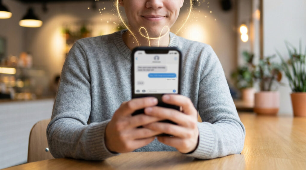 Personne souriante tenant un smartphone, une ampoule lumineuse d'idée scintille au-dessus de sa tête. L'écran montre un message vu.