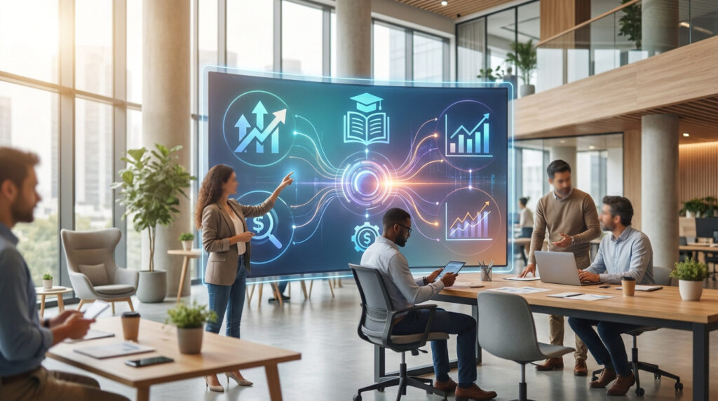 Femme présente un portail numérique interactif avec des icônes de données, finance et éducation à des collègues en bureau moderne.