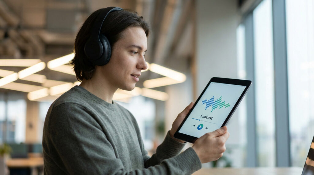 Jeune homme avec un casque audio noir, tenant une tablette affichant une application de podcast avec des ondes sonores.