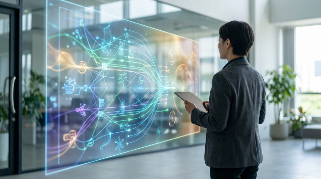 Personne regardant un affichage holographique interactif avec des icônes de carrière et de technologie dans un bureau moderne.