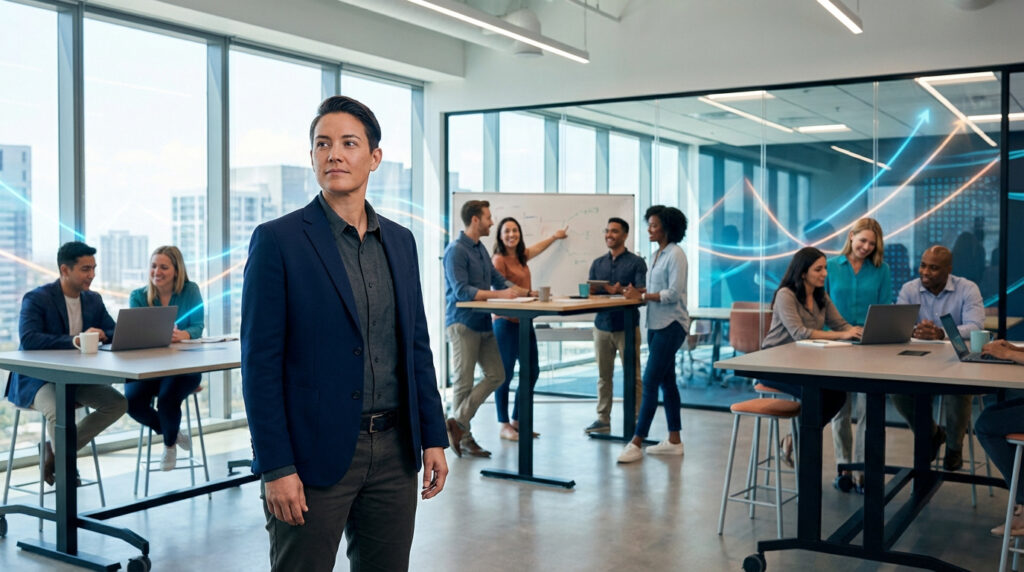Une femme observe son équipe diverse collaborer dans un bureau moderne. Des courbes de croissance numériques suggèrent succès et progrès.