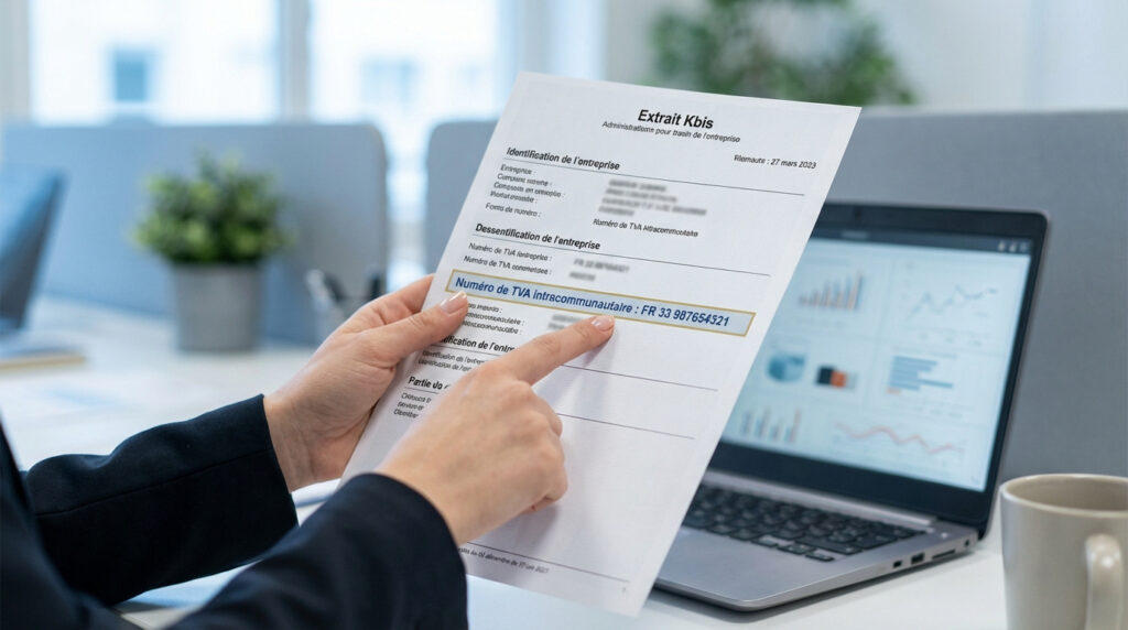 Main pointant le numéro de TVA intracommunautaire sur un Extrait Kbis. Un ordinateur portable et une tasse de café en arrière-plan.