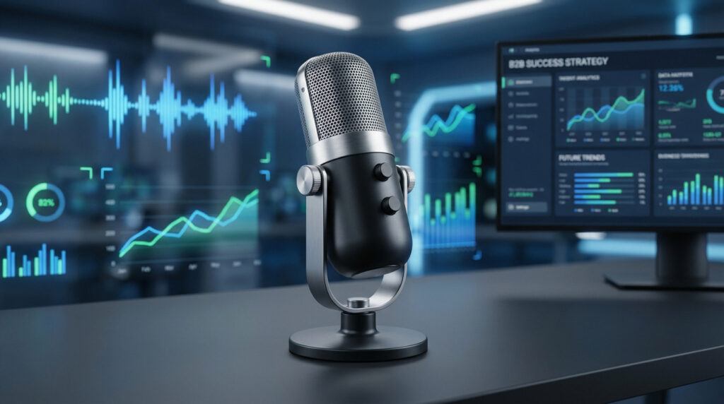 Microphone professionnel sur un bureau. En arrière-plan, écrans numériques affichant des ondes sonores et des graphiques d'analyse de données.