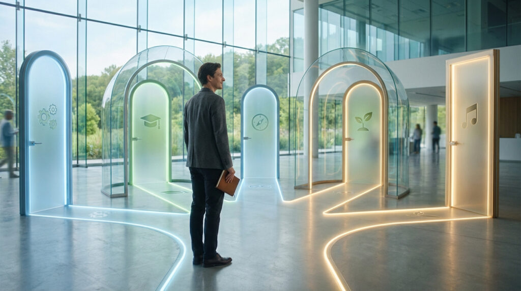 Un homme regarde des portes illuminées symbolisant diverses voies professionnelles (technique, éducation, exploration, écologie, art).