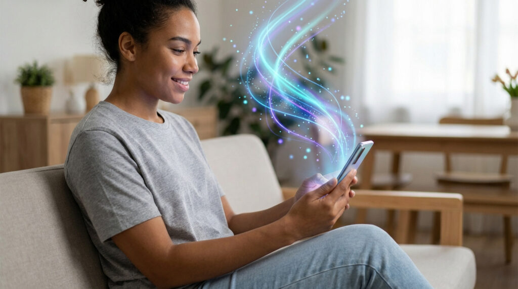 Jeune femme souriante sur un canapé, utilisant son smartphone avec des flux lumineux colorés, symbolisant le partage rapide.