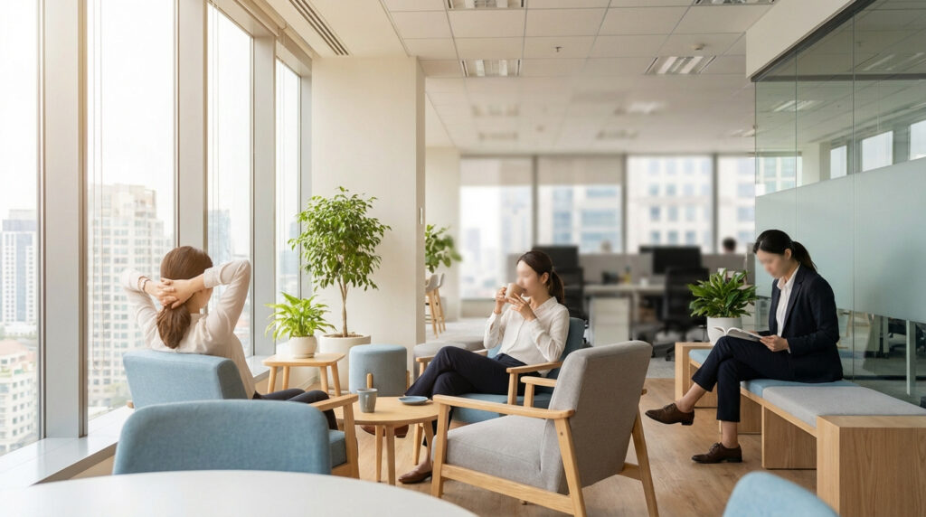 Trois employées prennent une pause dans un espace détente de bureau lumineux. L'une regarde par la fenêtre, une autre boit, la troisième lit.