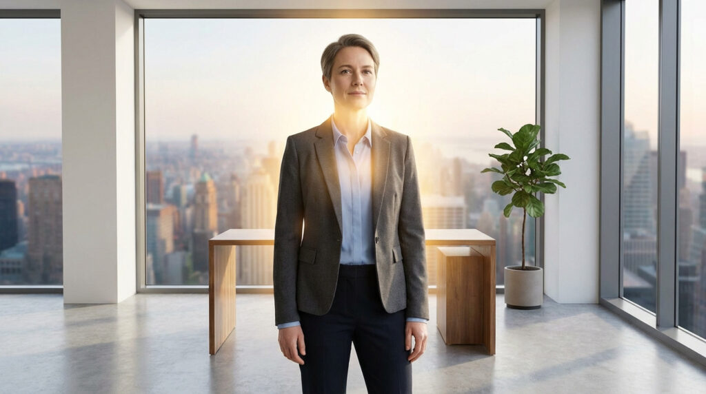 Femme d'affaires sereine dans un bureau moderne. Elle se tient devant une grande fenêtre avec vue sur une ville au lever/coucher du soleil.
