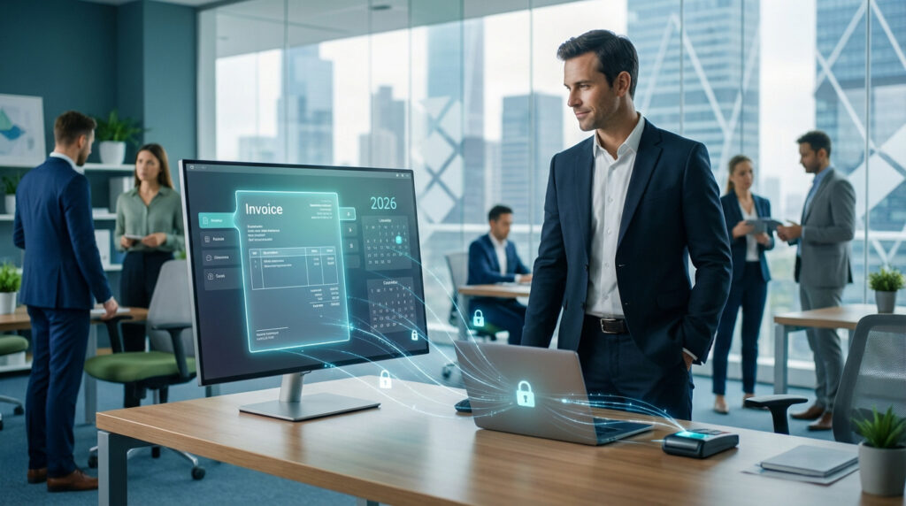 Homme d'affaires en bureau moderne devant un écran affichant une facture électronique et le calendrier 2026, avec des symboles de sécurité.