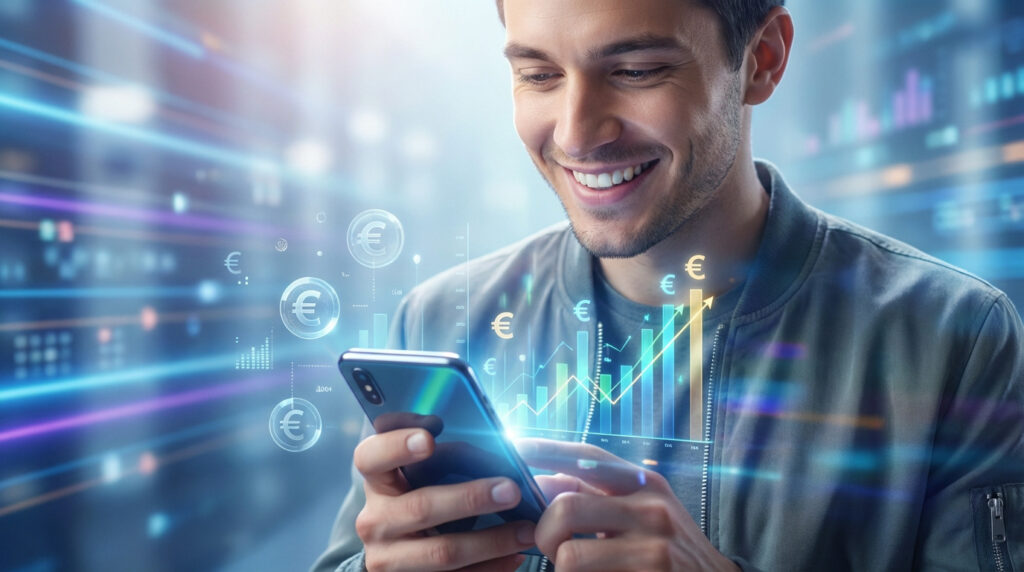 Jeune homme souriant consulte son téléphone, entouré de graphiques de croissance financière et de symboles euro flottants.