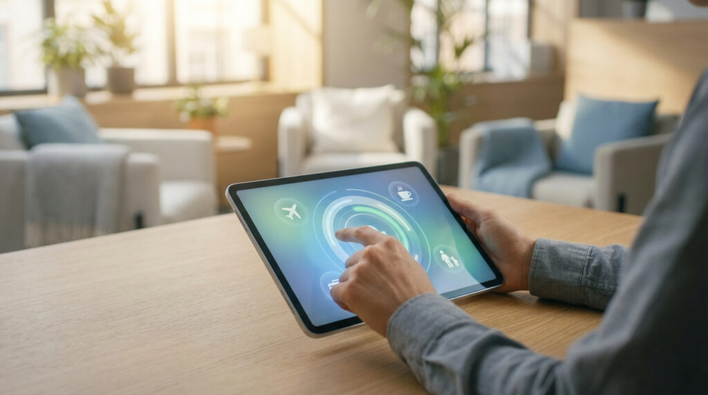 Mains interagissant avec une tablette affichant une interface de services numériques (icônes d'avion, café, famille) dans un bureau moderne.