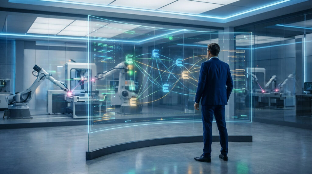 Un homme en costume observe un écran holographique montrant des données et un réseau d'éléments "E", avec des robots industriels de marquage en arrière-plan.