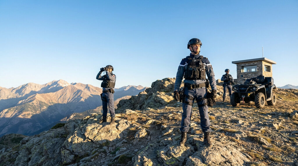 Trois gendarmes en tenue tactique sur une crête rocheuse. L'un au premier plan, l'autre aux jumelles, avec VTT et poste de surveillance.