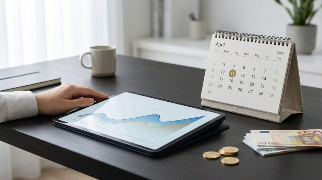 Bureau avec main sur tablette affichant un graphique. Un calendrier (11 avril 2022), des billets et pièces d'euros sont posés.