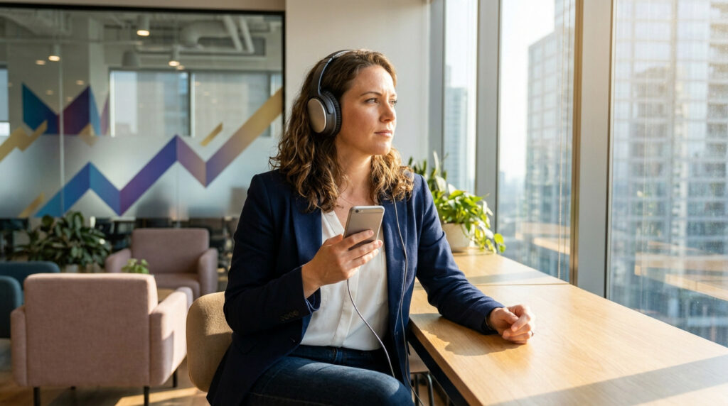 Femme professionnelle écoutant un podcast avec un casque et son smartphone, pensive devant la baie vitrée d'un bureau moderne.