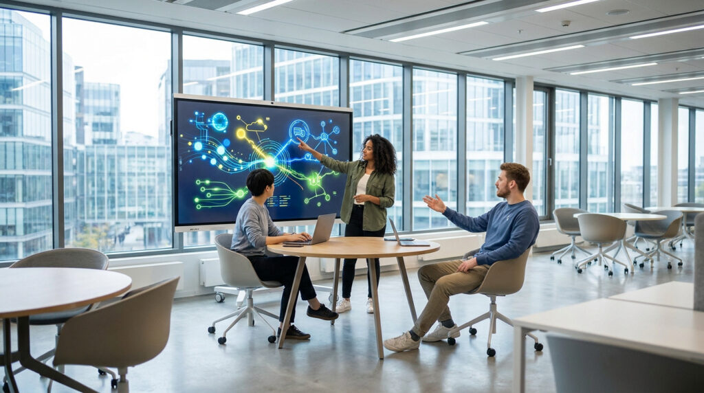 Trois personnes collaborent autour d'un écran interactif lumineux dans une salle moderne de l'ECS Rennes, avec vue sur la ville.