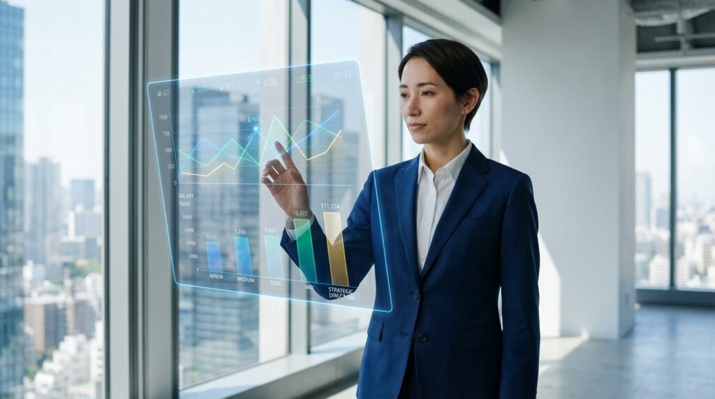 Femme d'affaires visualisant des grilles salariales pour juristes via un écran holographique en 2026, dans un bureau moderne.