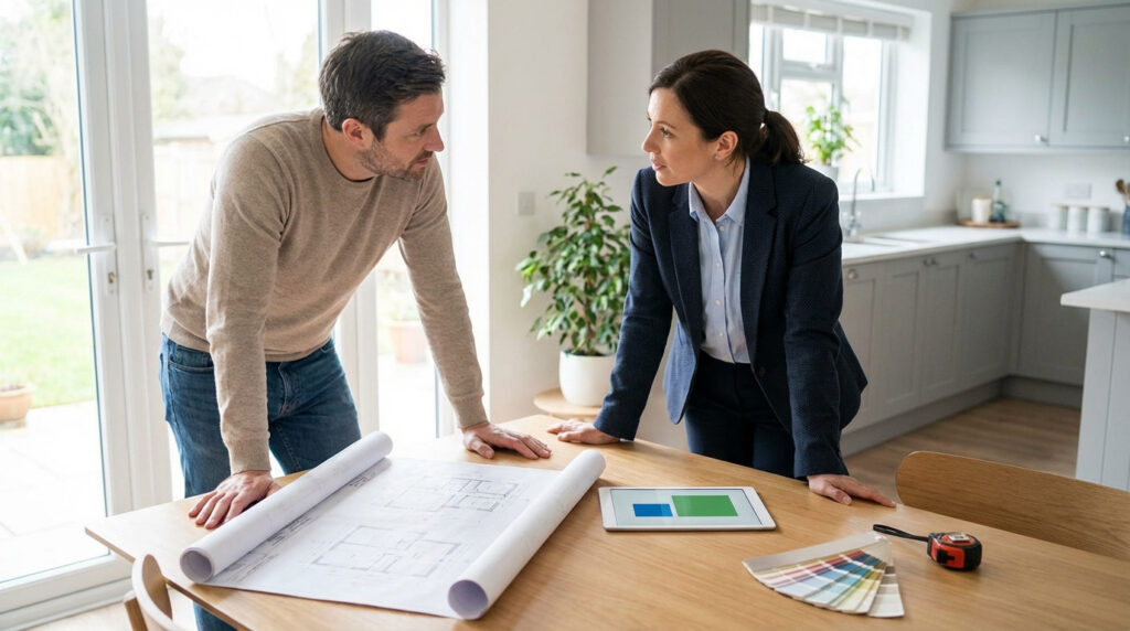 Homme et femme discutent des plans d'aménagement et des échantillons de couleurs sur une table, dans une maison moderne.