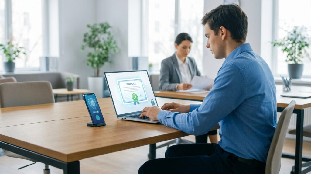 Homme vérifiant un diplôme numérique sur ordinateur portable avec un smartphone sécurisé par empreinte digitale dans un bureau moderne.
