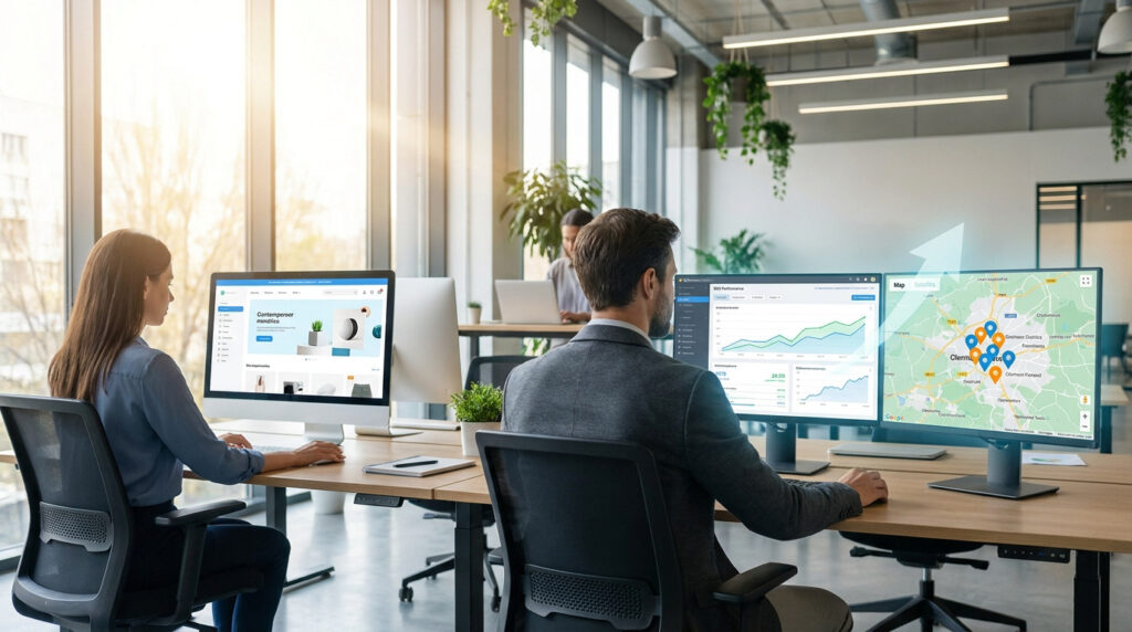 Deux experts en agence web à Clermont-Ferrand travaillent sur le design de sites, le SEO local et l'analyse de données.