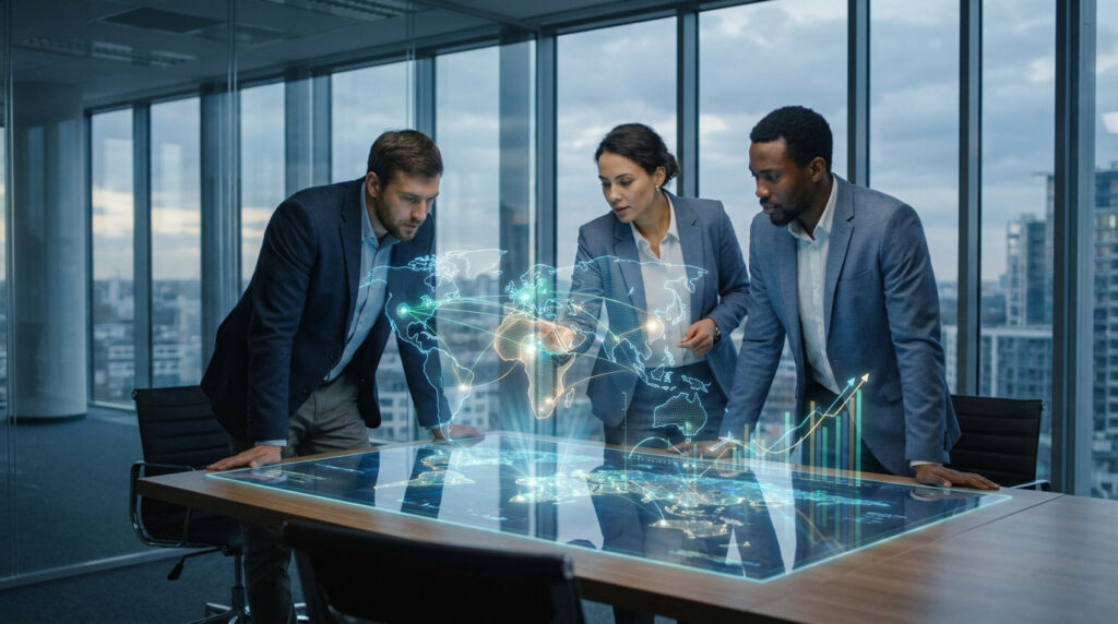 Trois professionnels, deux hommes et une femme, interagissent avec une carte du monde holographique et des données sur une table interactive.