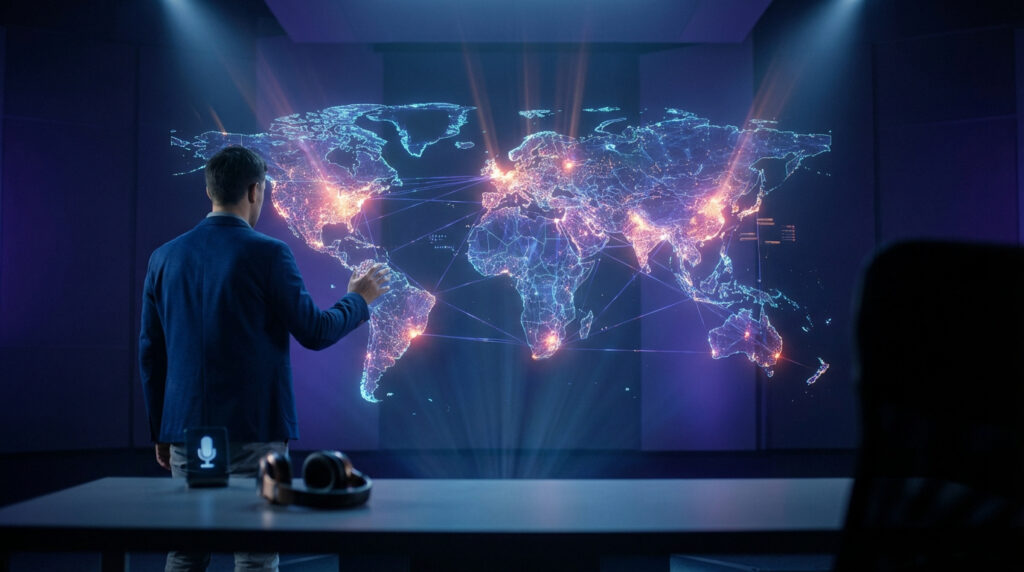 Un homme en costume interagit avec une carte du monde holographique lumineuse, affichant des réseaux et des points chauds géopolitiques.