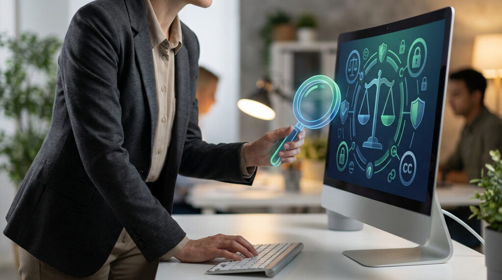 Personne en costume utilise un ordinateur affichant icônes de droits d'auteur et balances de justice avec une loupe virtuelle.