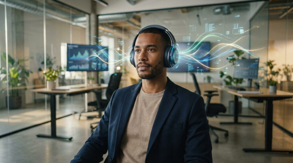 Jeune dirigeant écoutant un podcast avec des écouteurs, des ondes numériques et des données s'échappant, dans un bureau moderne.