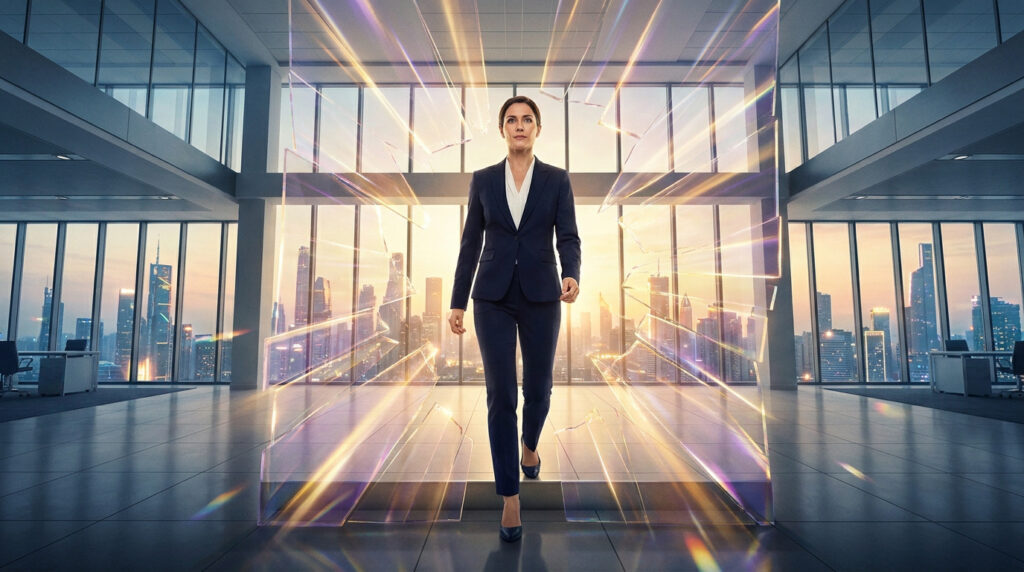 Femme d'affaires en costume bleu marchant avec détermination à travers un plafond de verre brisé, dans un bureau lumineux avec skyline urbaine en arrière-plan.