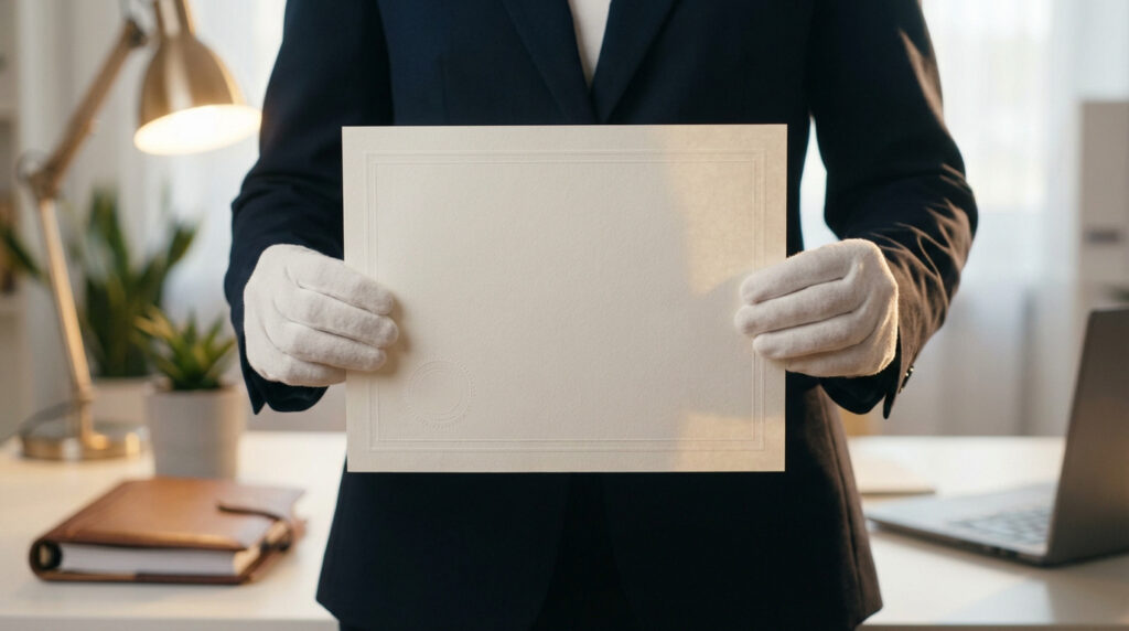 Personne en costume et gants blancs tenant un document officiel vierge avec sceau et cadre sur un bureau d'entreprise.