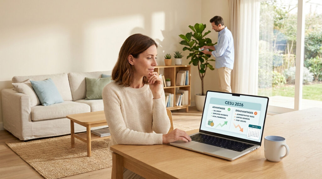 Femme examine les avantages et inconvénients du CESU 2026 sur son ordinateur portable dans un salon lumineux, avec un homme en arrière-plan.