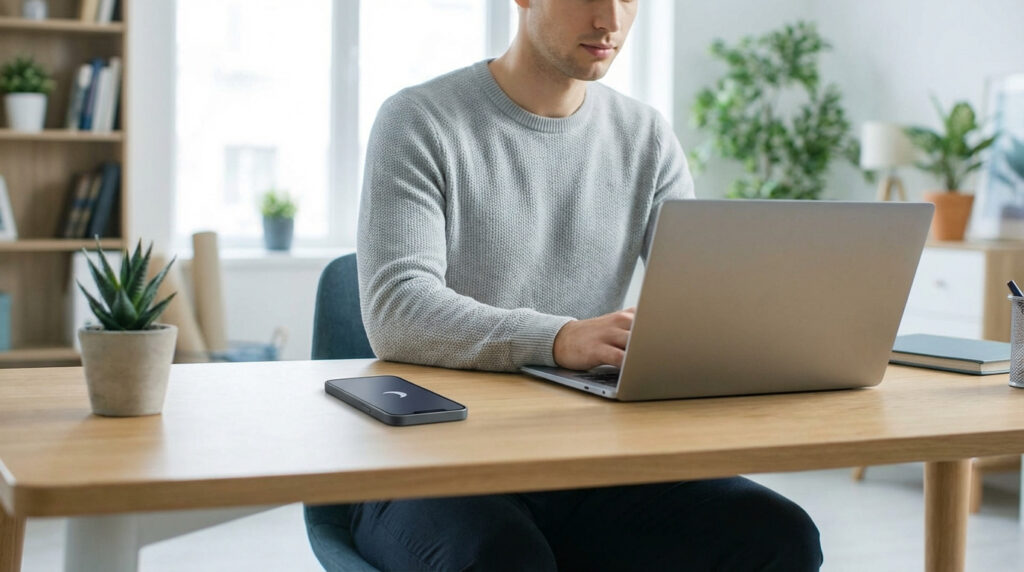 Un homme concentré travaille sur un ordinateur portable à un bureau en bois. Son smartphone affiche l'icône du mode veille.