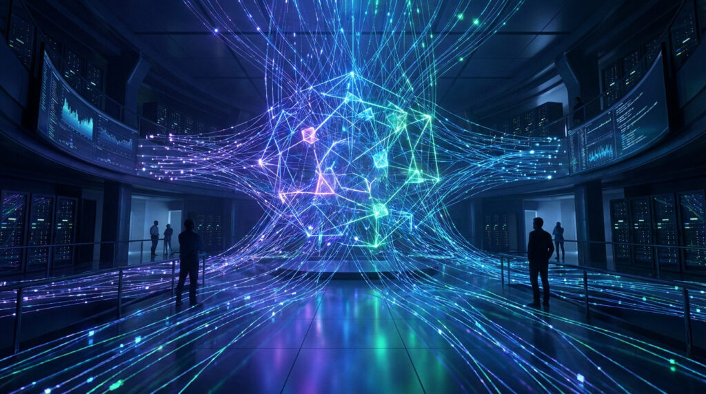 Image numérique d'un centre de données avec des flux de données lumineux convergeant vers un réseau 3D central, des écrans d'analyse et des observateurs.