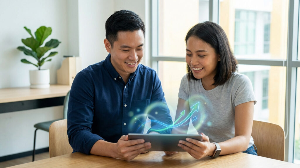 Deux auto-entrepreneurs souriants observent des graphiques de croissance numériques sur une tablette, symbolisant le succès et l'aide.