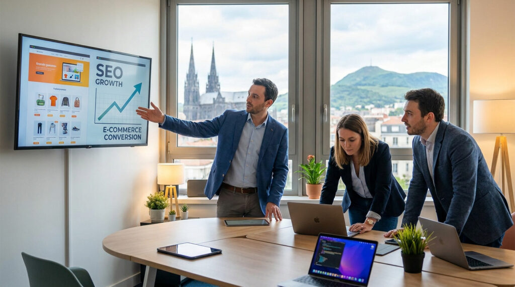 Trois professionnels en réunion dans une agence web à Clermont-Ferrand. L'écran affiche croissance SEO et e-commerce. Vue sur la cathédrale et le Puy de Dôme.