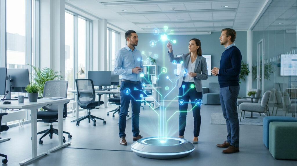 Trois professionnels interagissent avec un organigramme d'entreprise holographique au centre d'un bureau moderne et lumineux.
