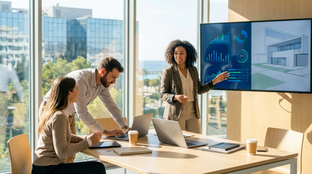 Trois pros en réunion lumineuse. Une femme présente des graphiques et un projet architectural sur écran, deux collègues travaillent sur PC.