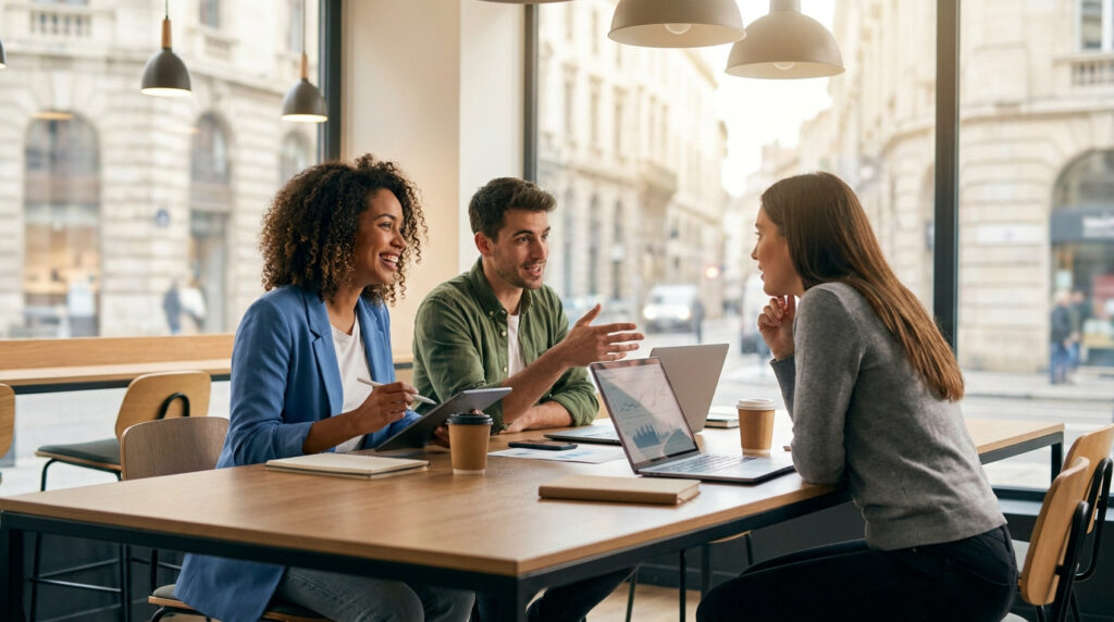 Trois jeunes adultes travaillent et discutent activement autour d'une table dans un espace lumineux.