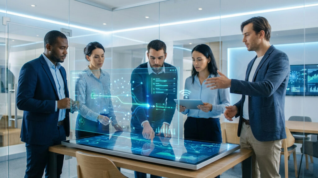 Cinq professionnels en réunion utilisent une table et un écran interactifs pour analyser des données et communiquer en entreprise.