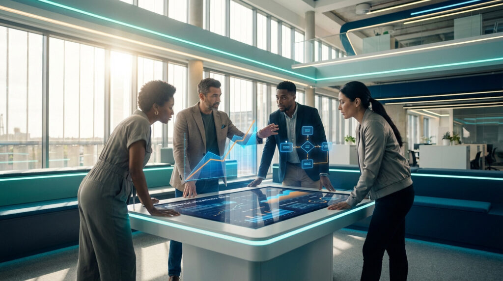 Quatre professionnels analysent des données sur une table interactive futuriste avec des hologrammes de graphiques et de diagrammes dans un bureau moderne.