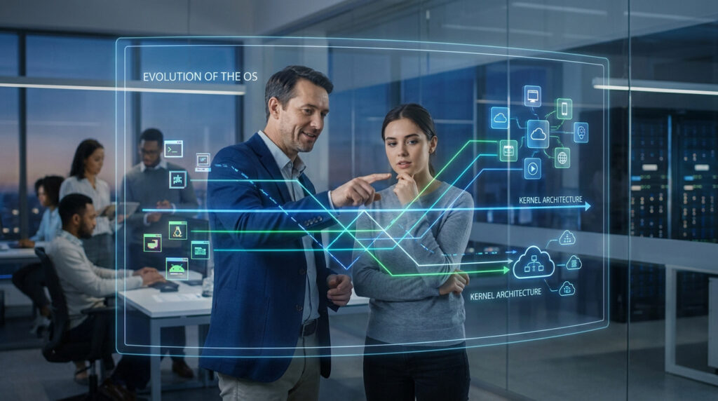 Deux pros analysent l'évolution et l'architecture des OS sur un écran holographique. Bureau technologique avec serveurs en arrière-plan.